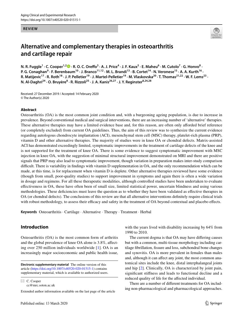 Pdf Alternative And Complementary Therapies In Osteoarthritis And Cartilage Repair