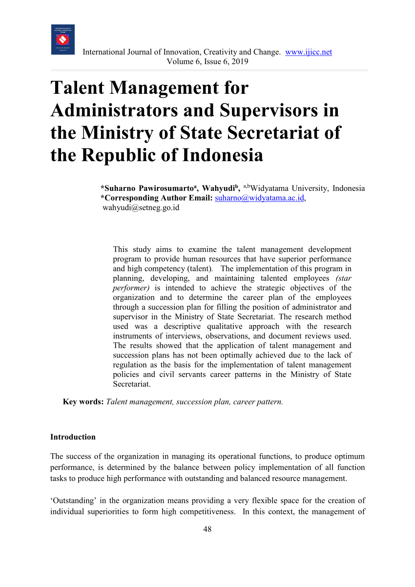 Pdf Talent Management For Administrators And Supervisors In The Ministry Of State Secretariat Of The Republic Of Indonesia
