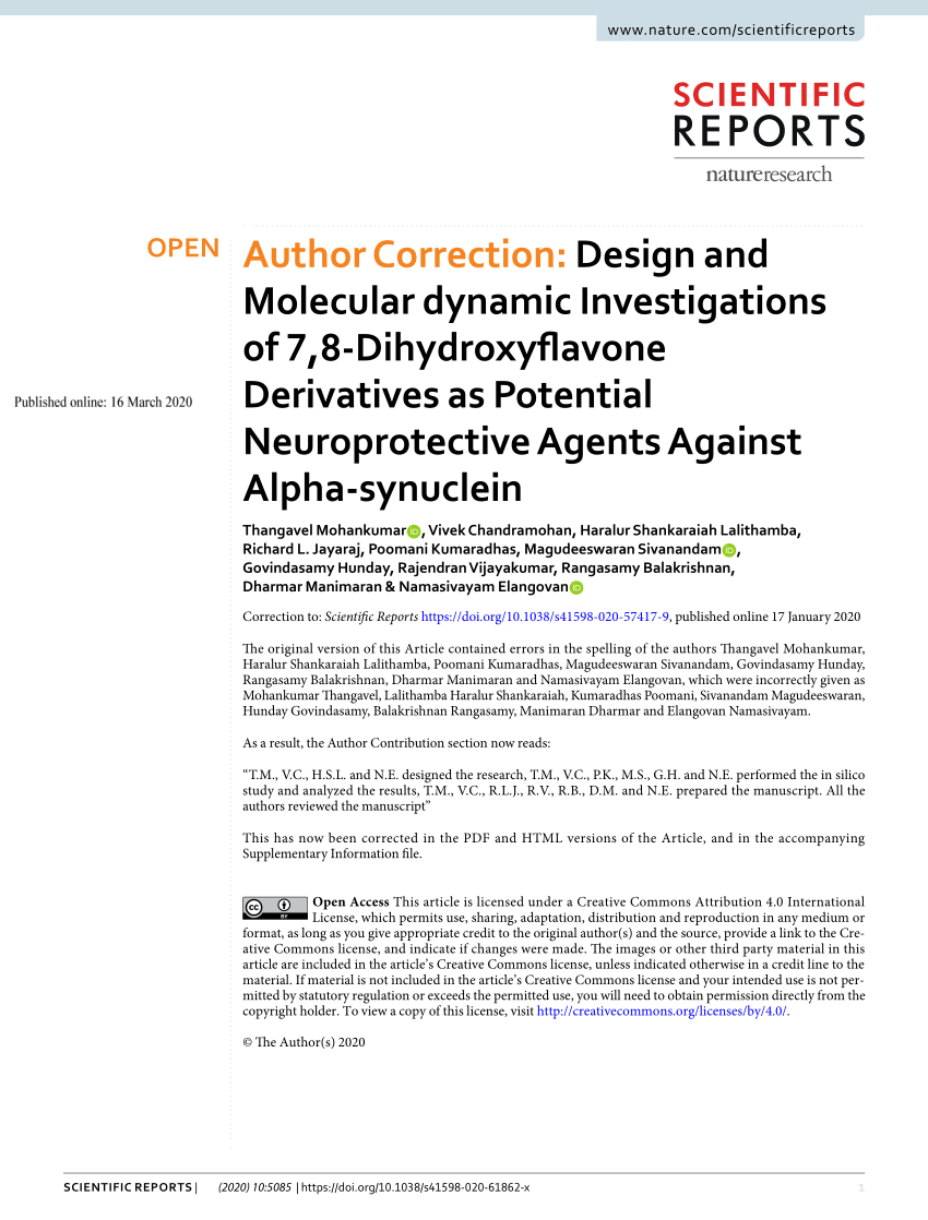Pdf Author Correction Design And Molecular Dynamic Investigations Of 7 8 Dihydroxyflavone Derivatives As Potential Neuroprotective Agents Against Alpha Synuclein