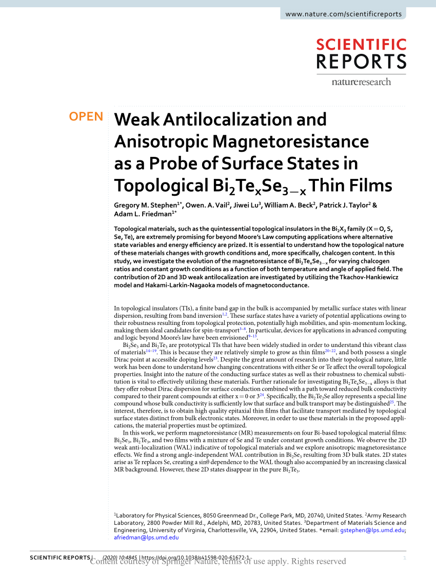 Pdf Weak Antilocalization And Anisotropic Magnetoresistance As A Probe Of Surface States In Topological Bi2texse3 X Thin Films