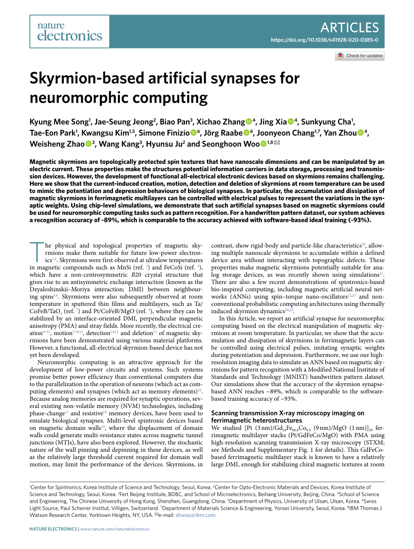 Pdf Skyrmion Based Artificial Synapses For Neuromorphic Computing