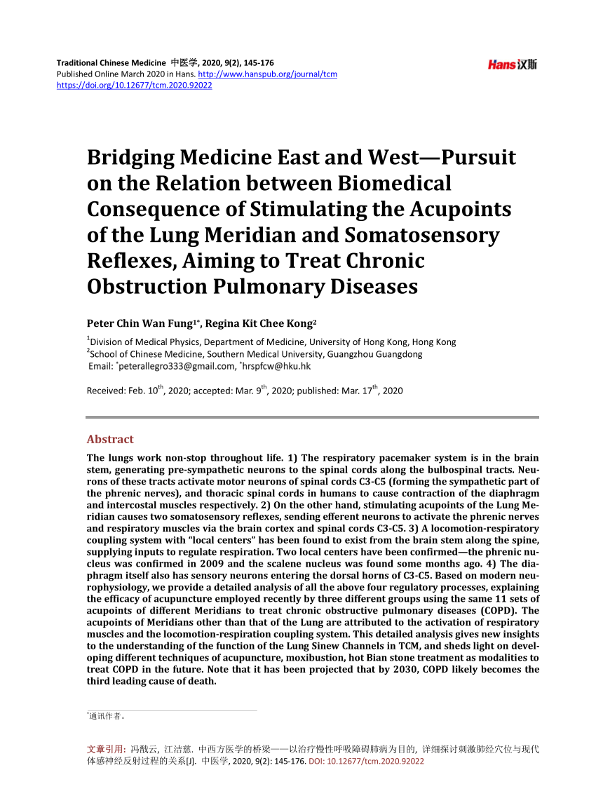 Pdf Bridging Medicine East And West Pursuit On The Relation Between Biomedical Consequence Of Stimulating The Acupoints Of The Lung Meridian And Somatosensory Reflexes Aiming To Treat Chronic Obstruction Pulmonary Diseases
