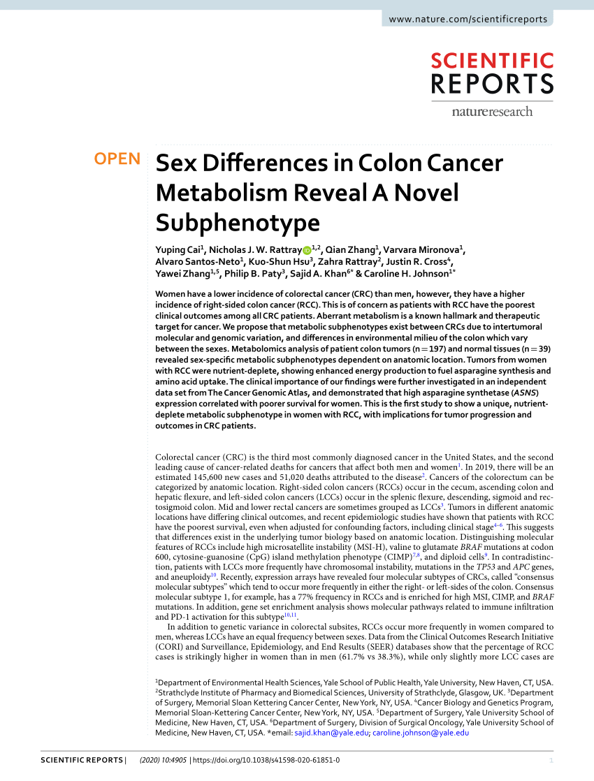 Pdf Sex Differences In Colon Cancer Metabolism Reveal A Novel
