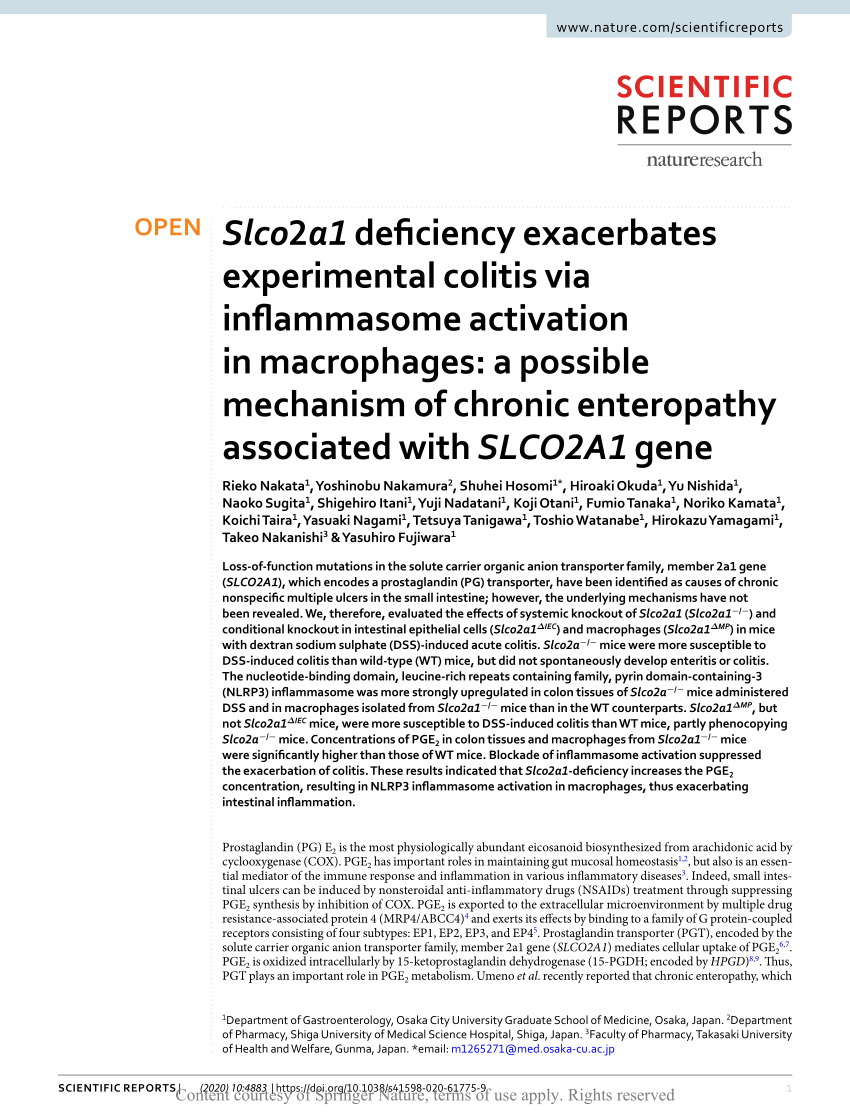 (PDF) Slco2a1 deficiency exacerbates experimental colitis via inflammasome activation in macrophages a possible mechanism of chronic enteropathy associated with SLCO2A1 gene
