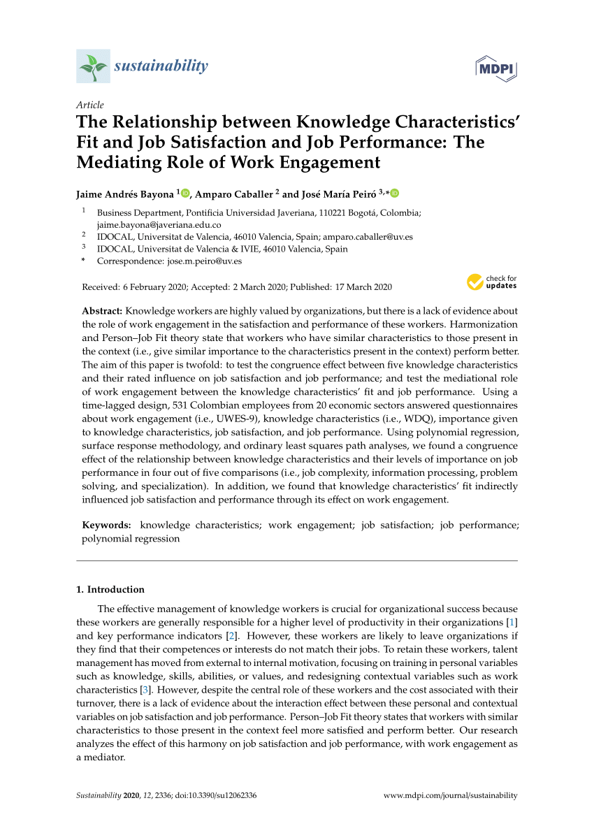 Pdf The Relationship Between Knowledge Characteristics Fit And Job Satisfaction And Job Performance The Mediating Role Of Work Engagement