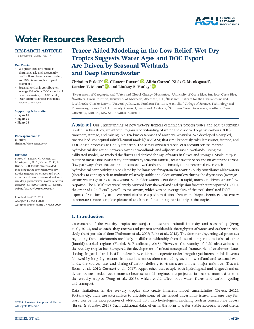 Pdf Tracer Aided Modeling In The Low Relief Wet Dry Tropics Suggests Water Ages And Doc Export Are Driven By Seasonal Wetlands And Deep Groundwater