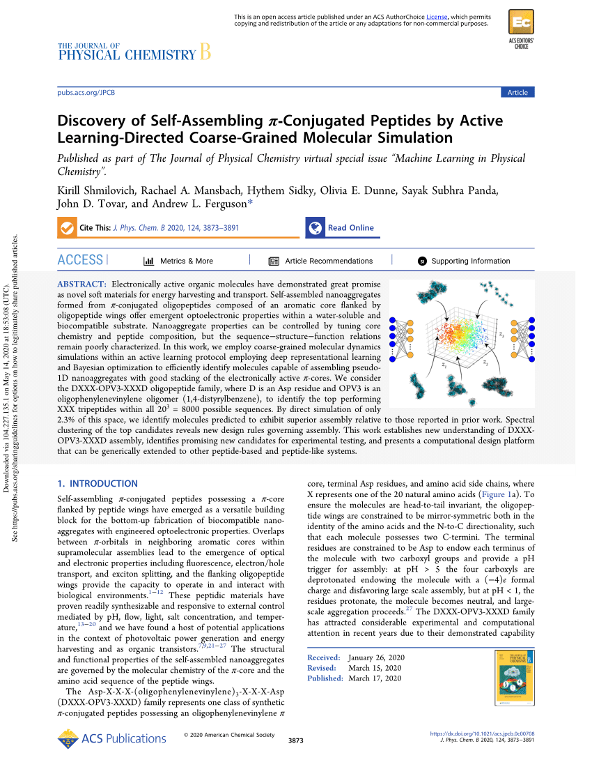 Pdf Discovery Of Self Assembling P Conjugated Peptides By Active Learning Directed Coarse Grained Molecular Simulation
