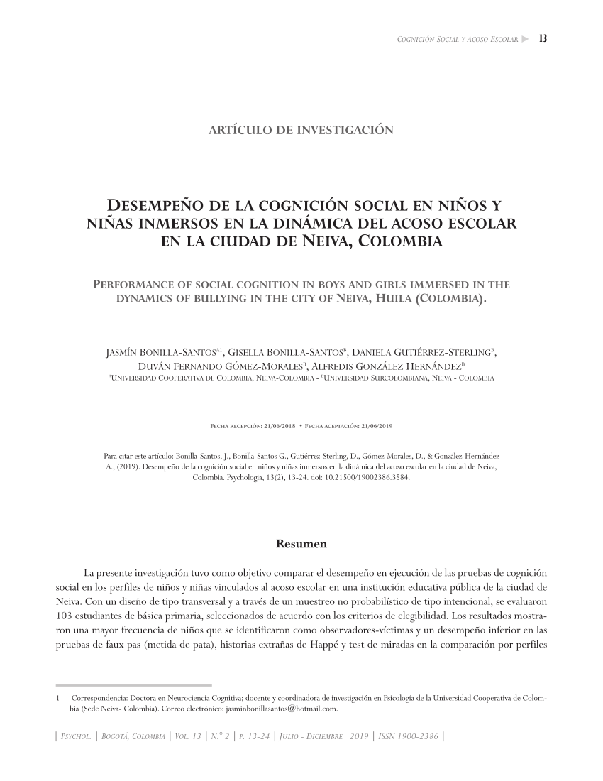 Pdf Desempeno De La Cognicion Social En Ninos Y Ninas Inmersos En La Dinamica Del Acoso Escolar En La Ciudad De Neiva Colombia