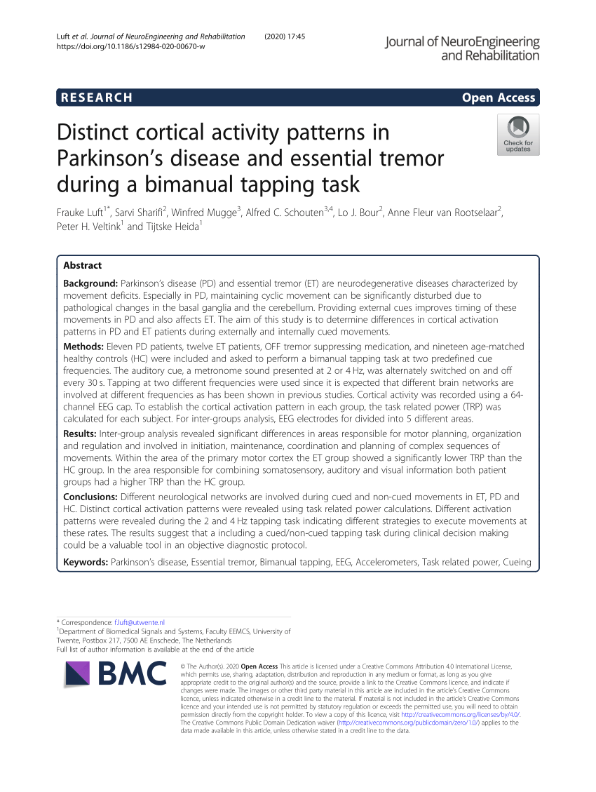 Pdf Distinct Cortical Activity Patterns In Parkinson S Disease And Essential Tremor During A Bimanual Tapping Task