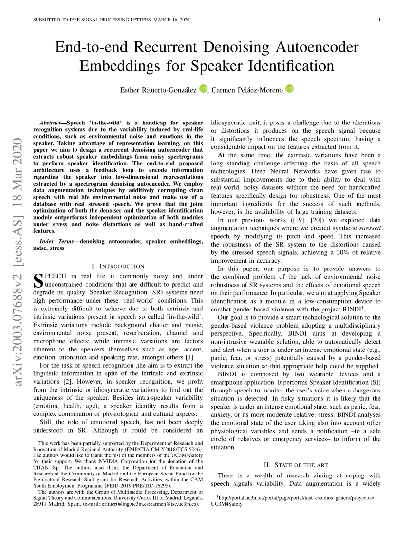 Pdf End To End Recurrent Denoising Autoencoder Embeddings For Speaker