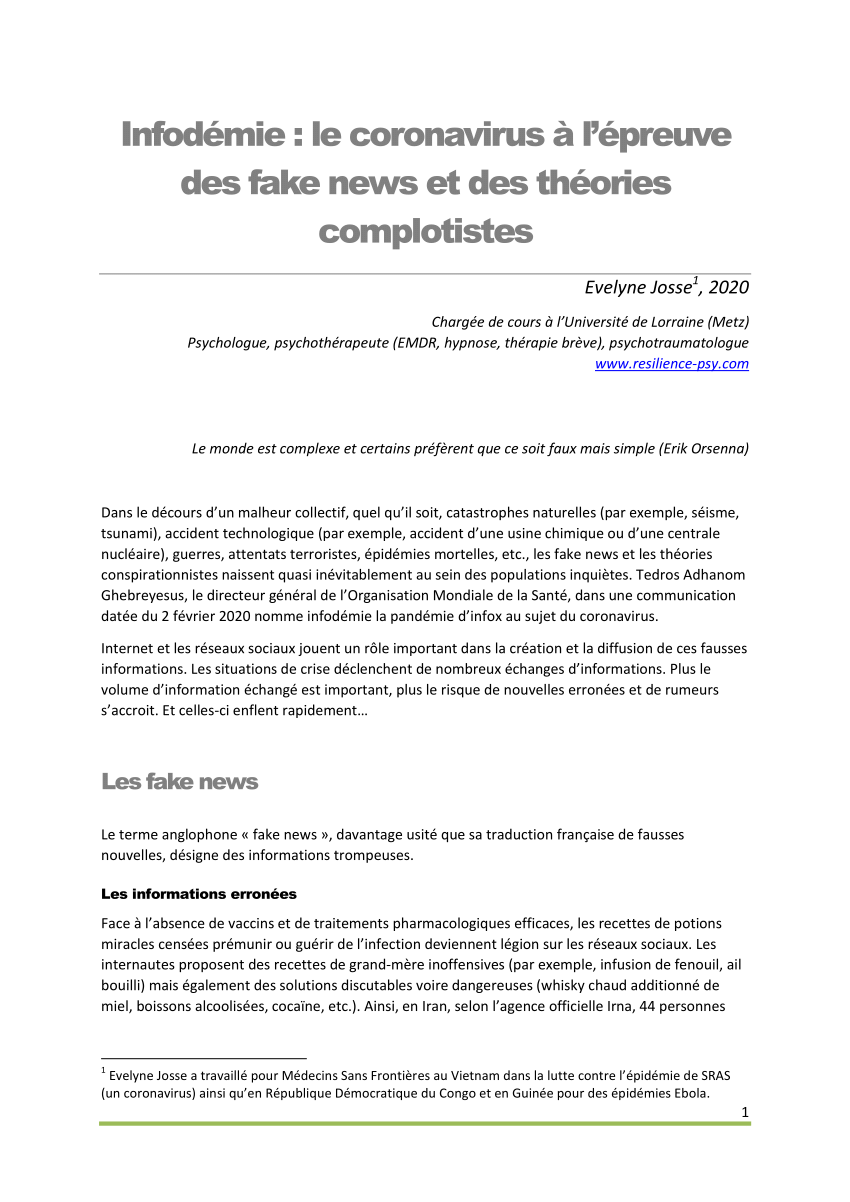 Pdf Infodemie Le Coronavirus A L Epreuve Des Fake News Et Des Theories Complotistes