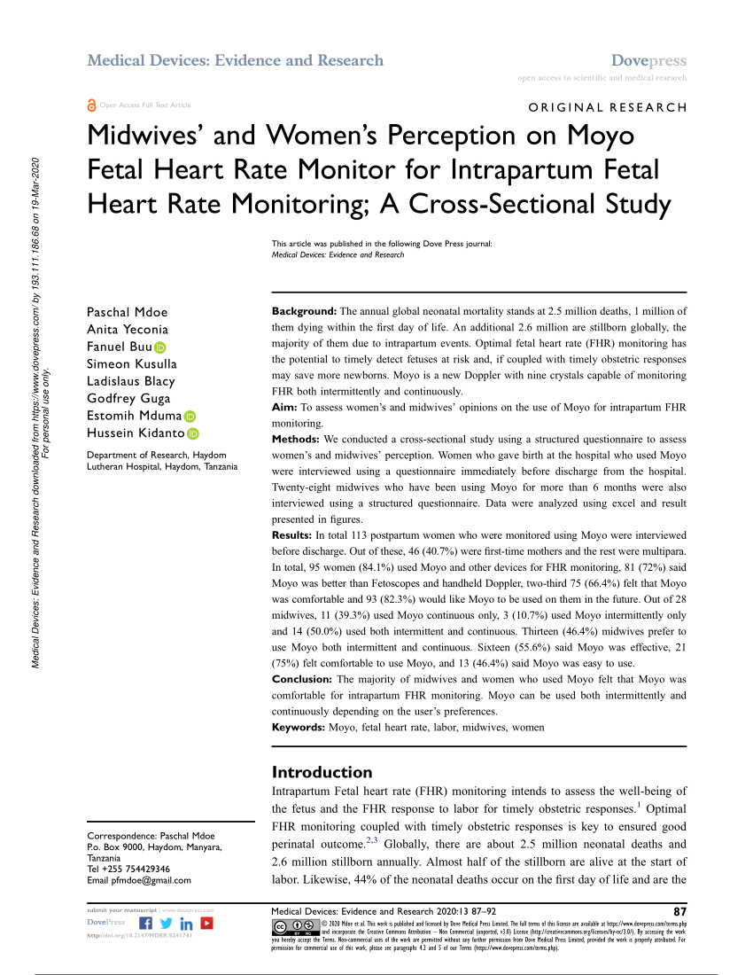 Pdf Midwives And Women S Perception On Moyo Fetal Heart Rate Monitor For Intrapartum Fetal Heart Rate Monitoring A Cross Sectional Study