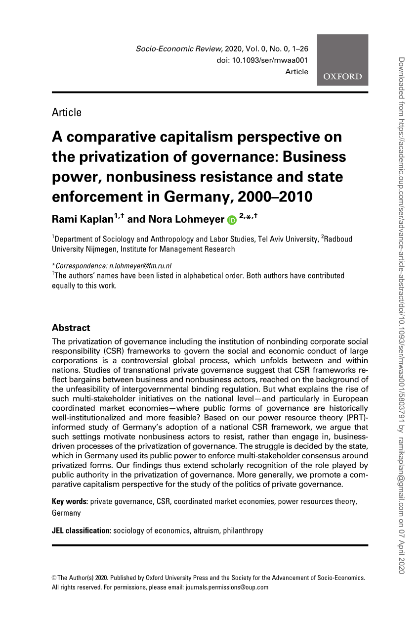 Pdf A Comparative Capitalism Perspective On The Privatization Of Governance Business Power Nonbusiness Resistance And State Enforcement In Germany 00 10