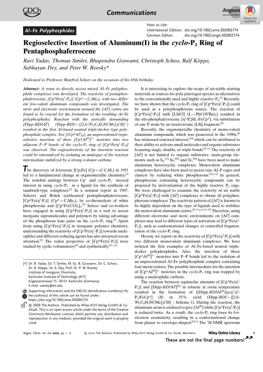 Pdf Regioselective Insertion Of Aluminum I In The Cyclo P5 Ring Of