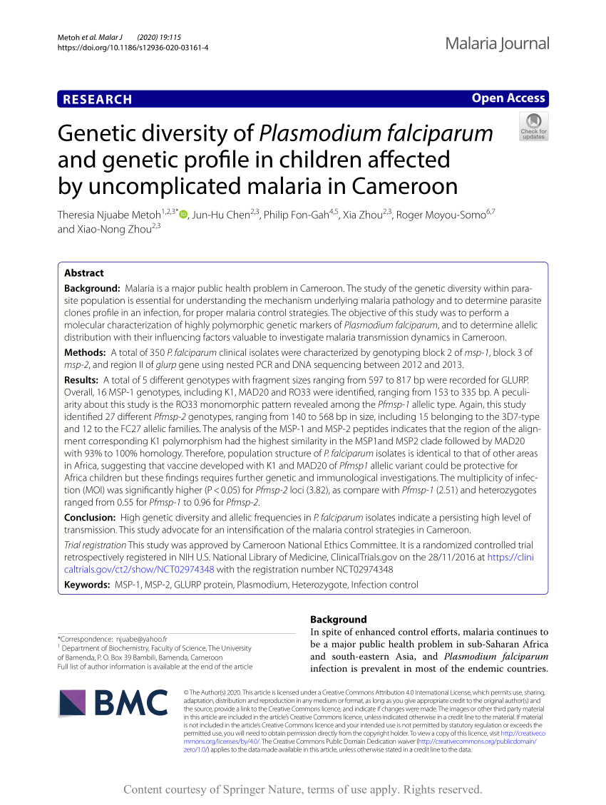 Pdf Genetic Diversity Of Plasmodium Falciparum And Genetic Profile In Children Affected By Uncomplicated Malaria In Cameroon