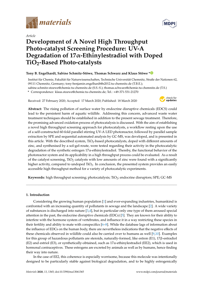 Pdf Development Of A Novel High Throughput Photo Catalyst Screening Procedure Uv A Degradation Of 17a Ethinylestradiol With Doped Tio2 Based Photo Catalysts