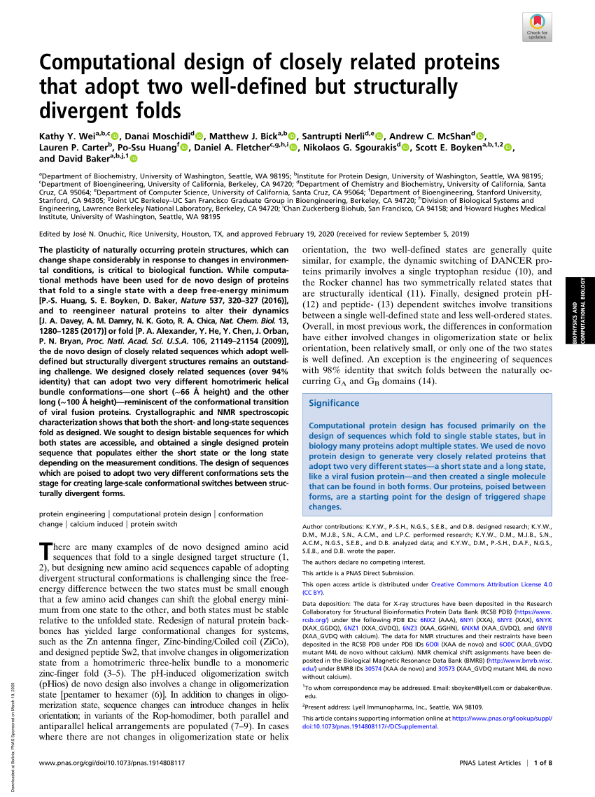 Pdf Computational Design Of Closely Related Proteins That Adopt Two Well Defined But Structurally Divergent Folds