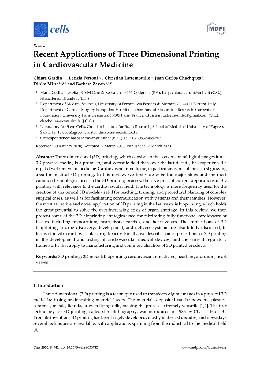 eksil springvand kardinal PDF) Recent Applications of Three Dimensional Printing in Cardiovascular  Medicine