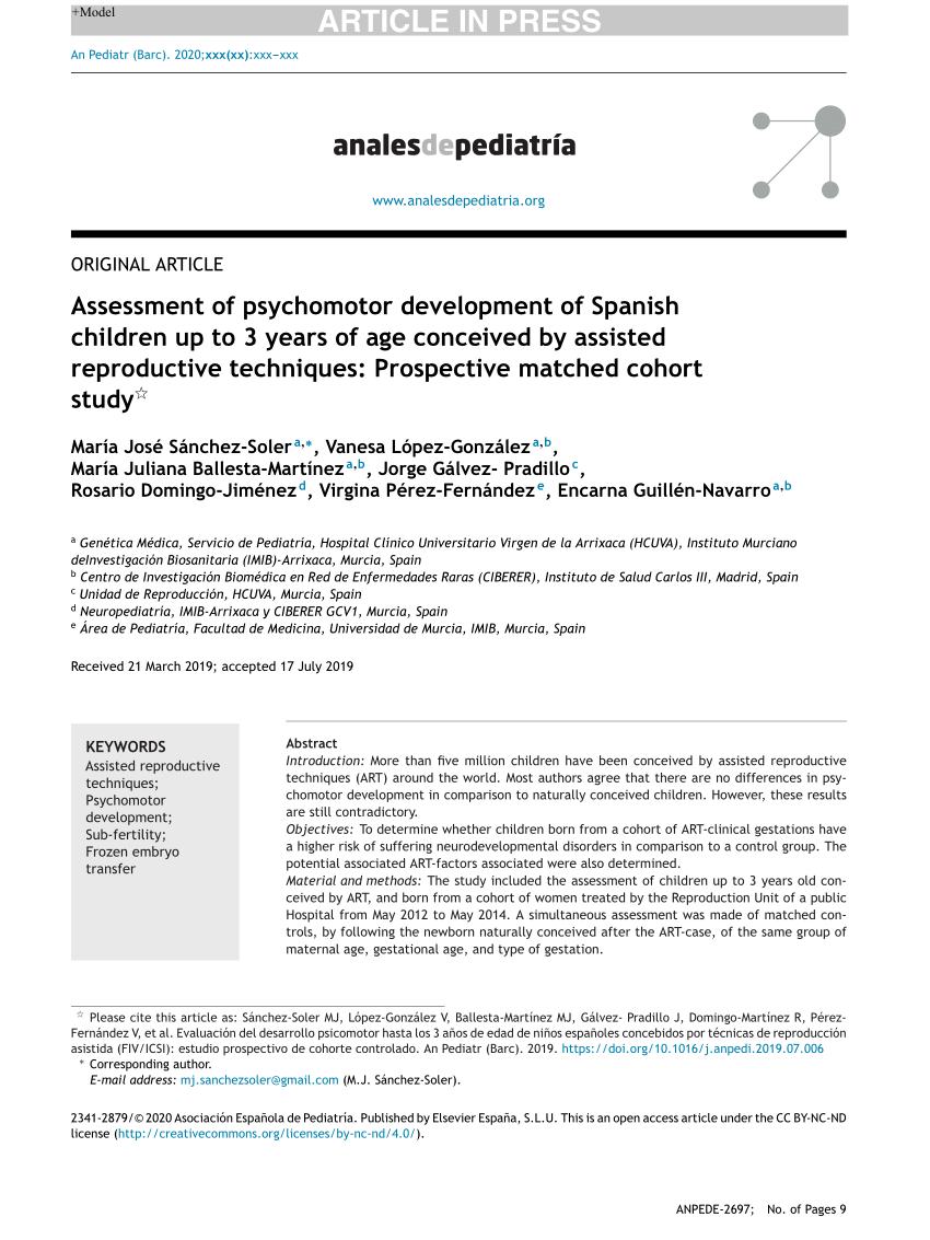 PDF) Assessment of psychomotor development of Spanish children up to 3  years of age conceived by assisted reproductive techniques: Prospective  matched cohort study