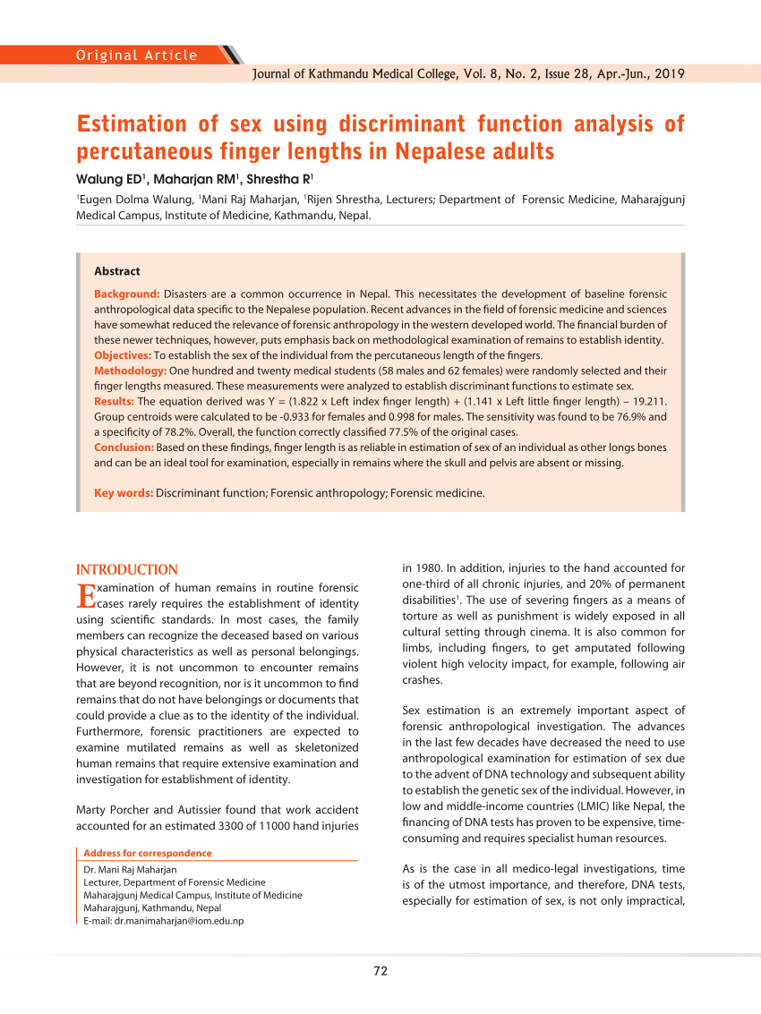 PDF) Estimation of sex using discriminant function analysis of percutaneous  finger lengths in Nepalese adults