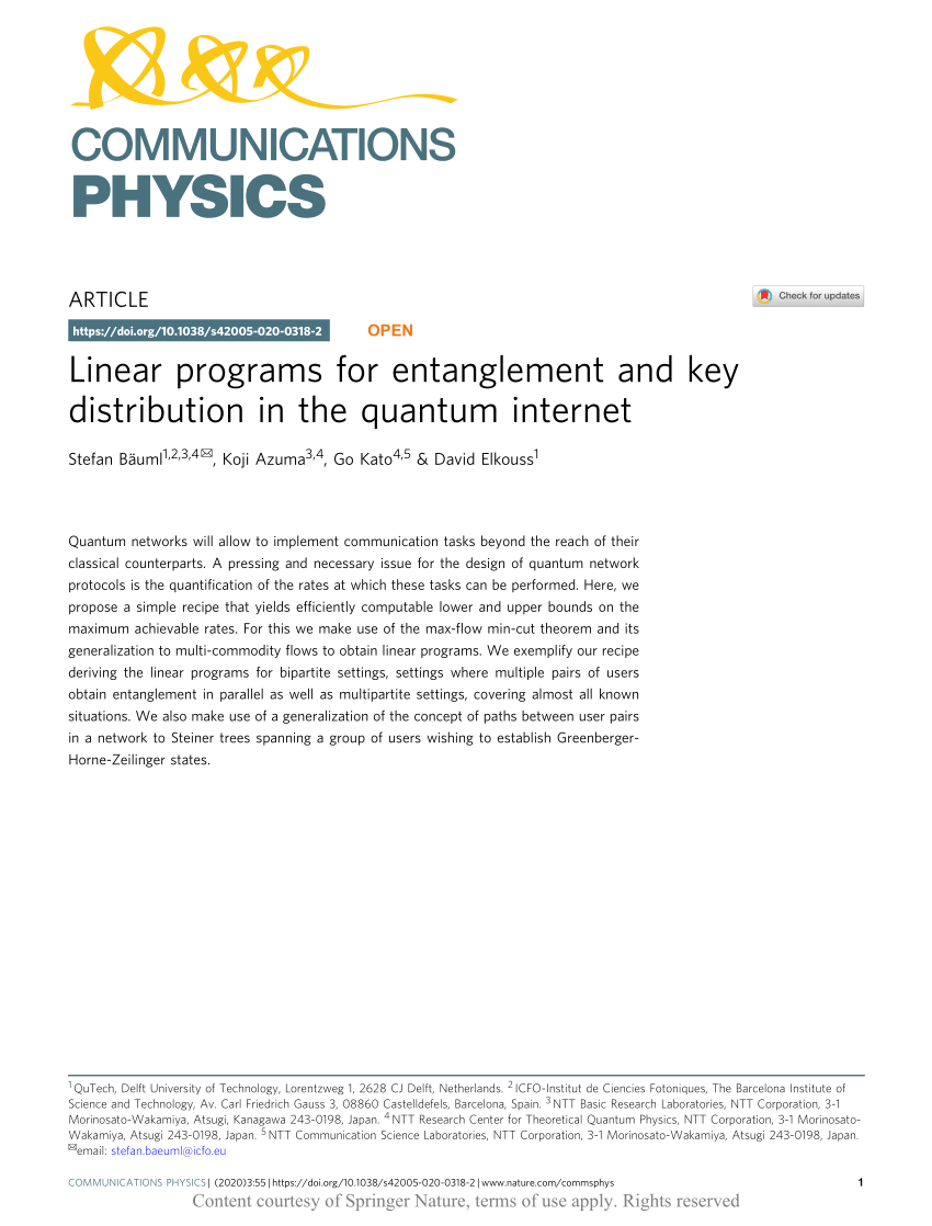 Pdf Linear Programs For Entanglement And Key Distribution In The Quantum Internet