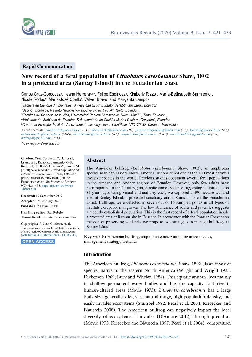 Pdf New Record Of A Feral Population Of Lithobates Catesbeianus Shaw 1802 In A Protected Area Santay Island In The Ecuadorian Coast