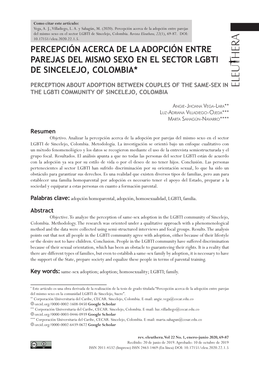 PDF) Percepción acerca de la adopción entre parejas del mismo sexo en el  sector LGBTI de Sincelejo, Colombia