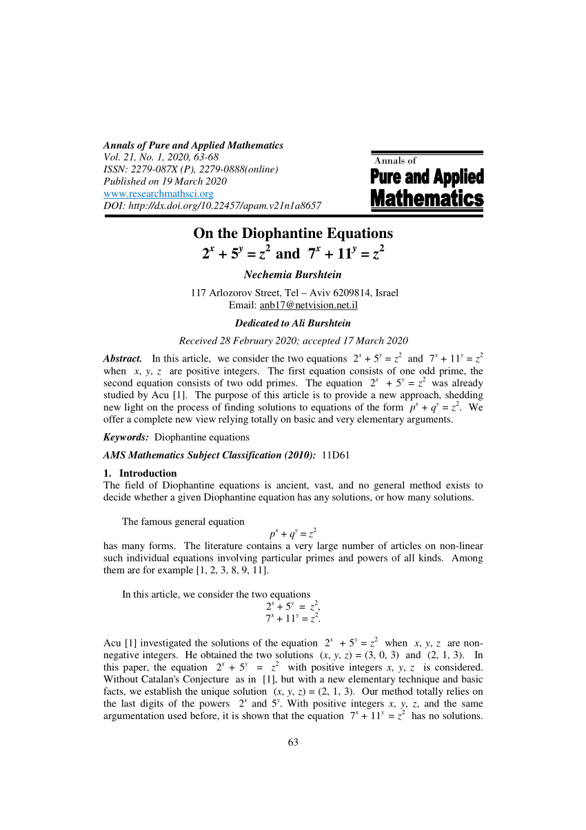 Pdf On The Diophantine Equations 2 X 5y Z2 And 7x 11y Z2