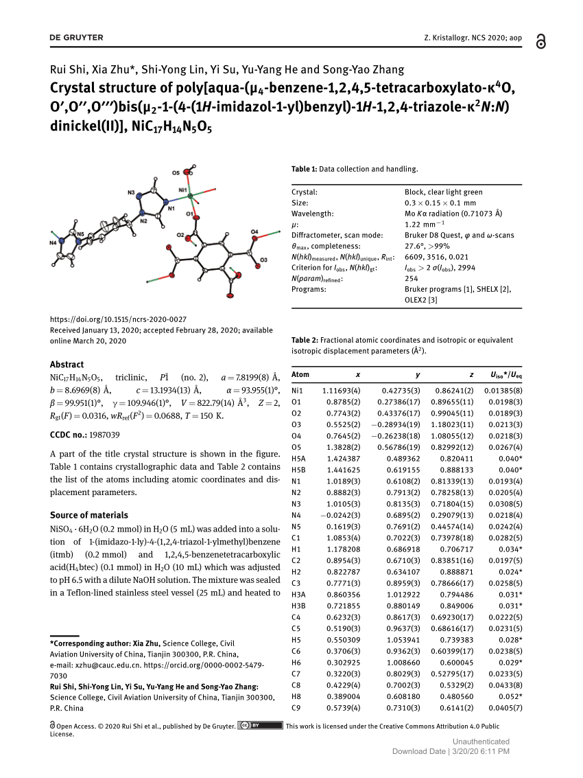 Pdf Crystal Structure Of Poly Aqua M4 Benzene 1 2 4 5 Tetracarboxylato K4o O O O Bis M2 1 4 1h Imidazol 1 Yl Benzyl 1h 1 2 4 Triazole K2n N Dinickel Ii Nic17h14n5o5