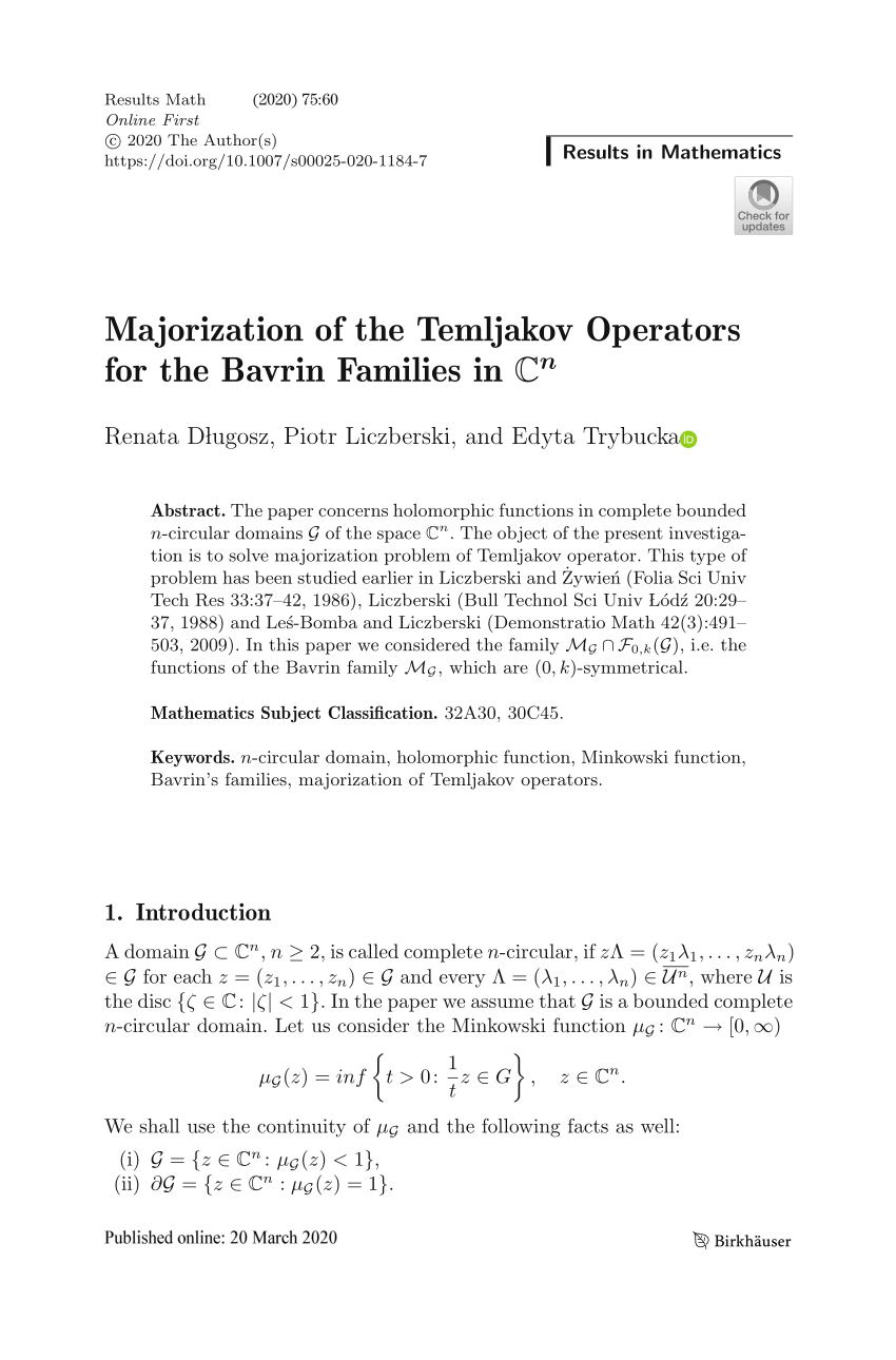 Pdf Majorization Of The Temljakov Operators For The Bavrin Families In Mathbb C N Cn