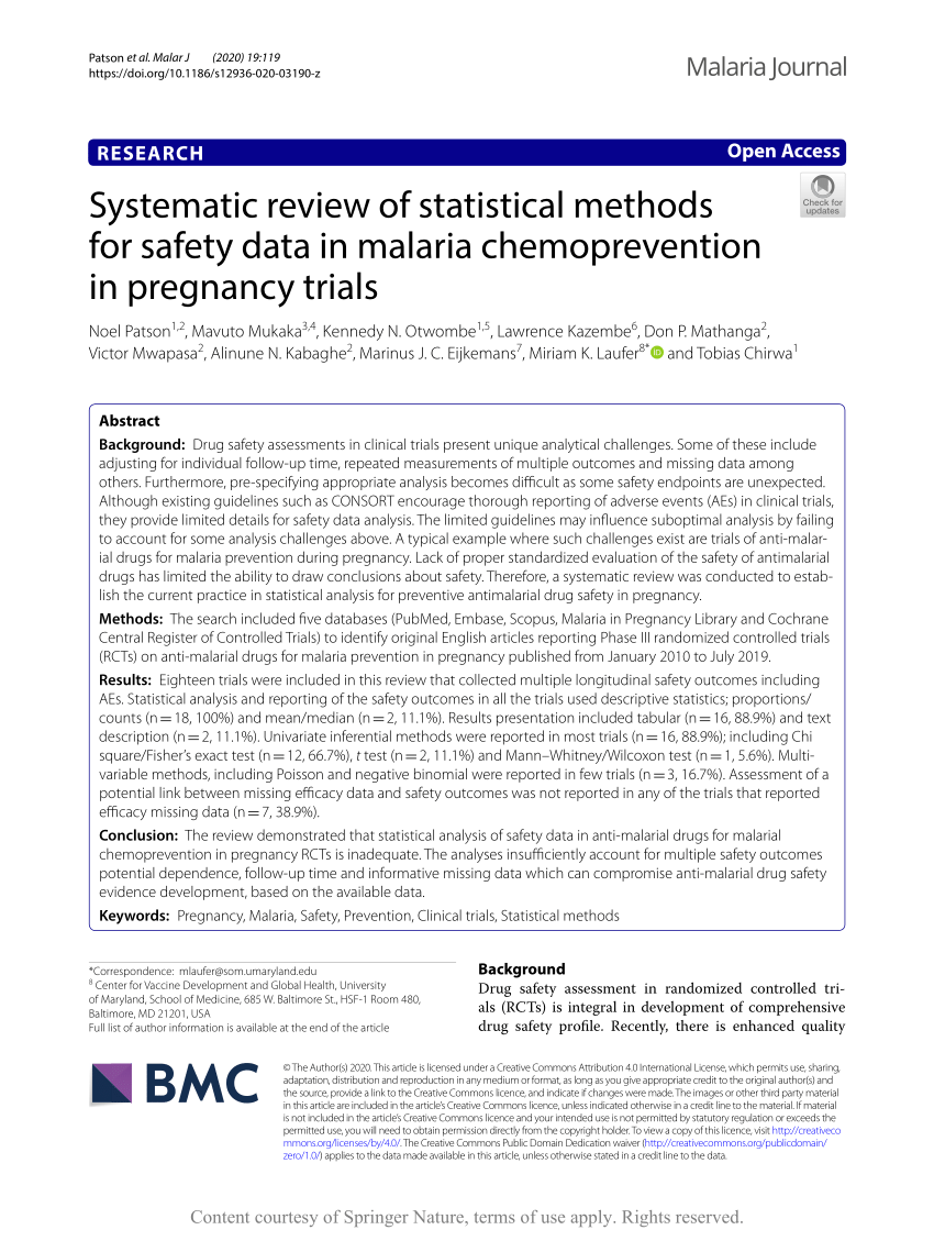 Pdf Systematic Review Of Statistical Methods For Safety Data In Malaria Chemoprevention In Pregnancy Trials