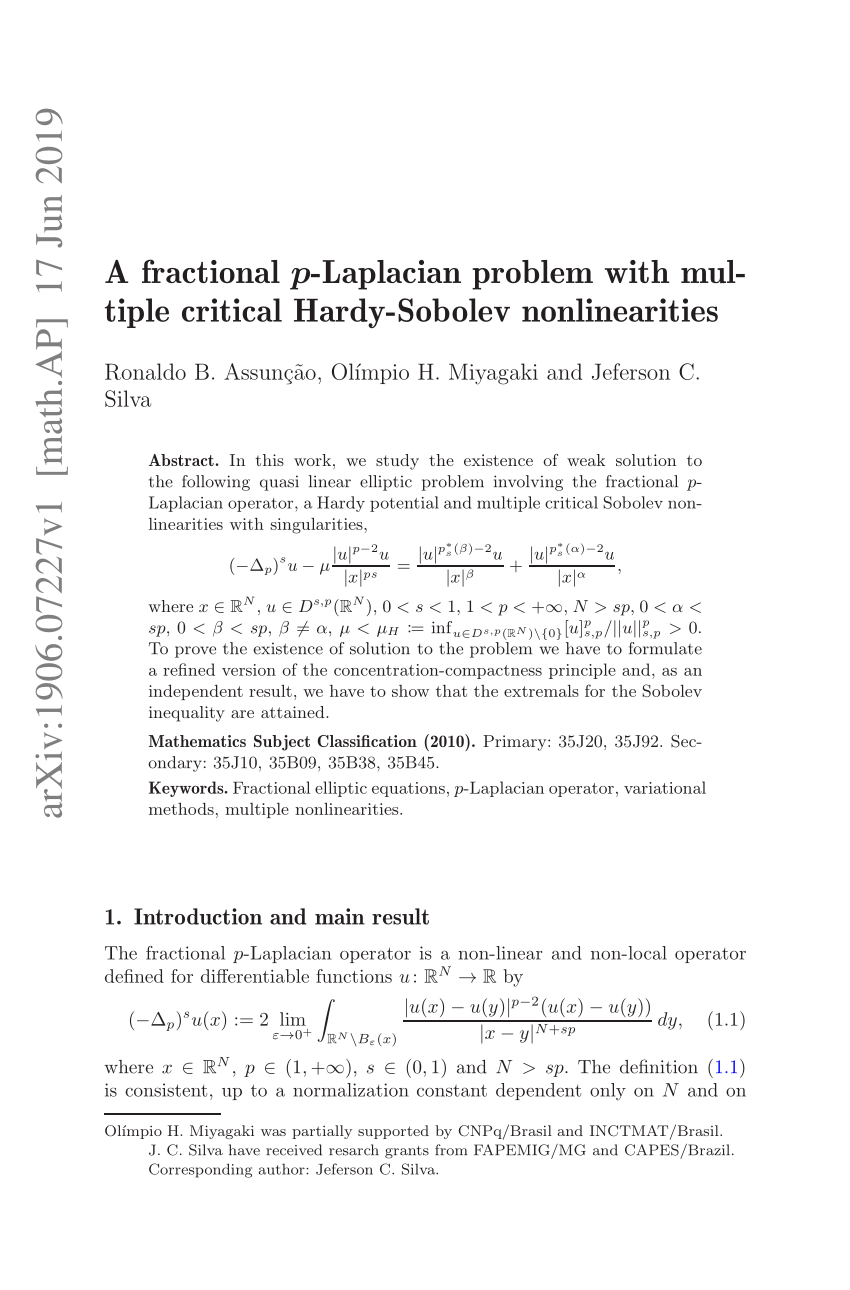 Pdf A Fractional P Laplacian Problem With Multiple Critical Hardy Sobolev Nonlinearities