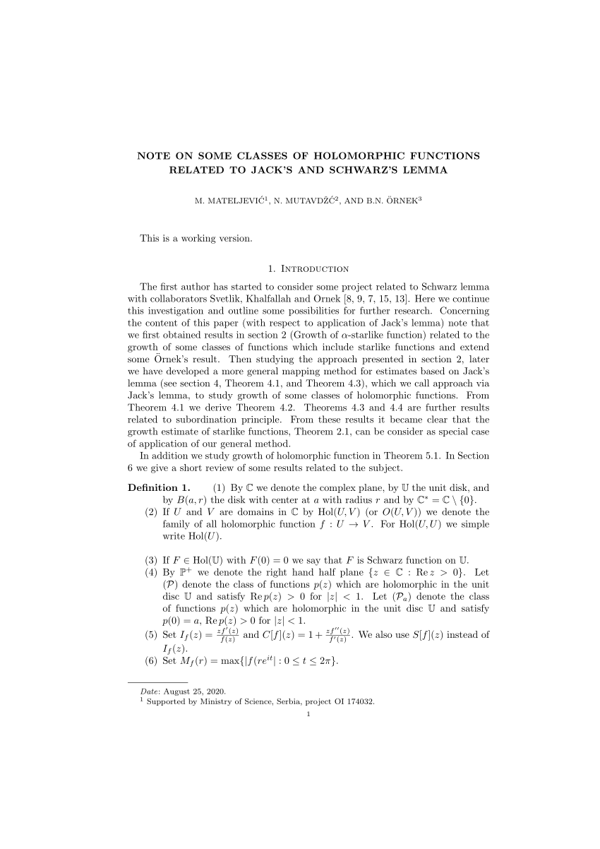 Pdf Note On Some Classes Of Holomorphic Functions Related To Jack S And Schwarz S Lemma