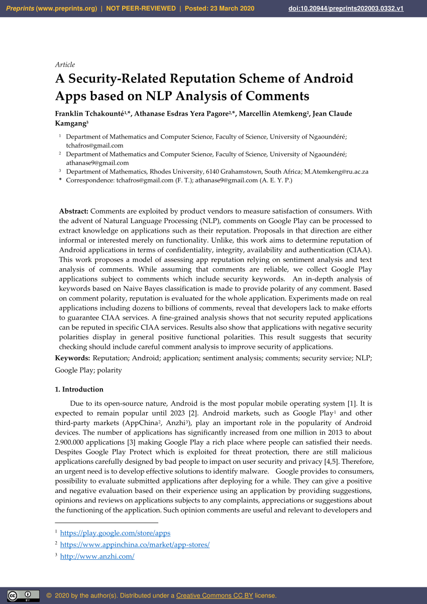 Pdf A Security Related Reputation Scheme Of Android Apps Based On Nlp Analysis Of Comments