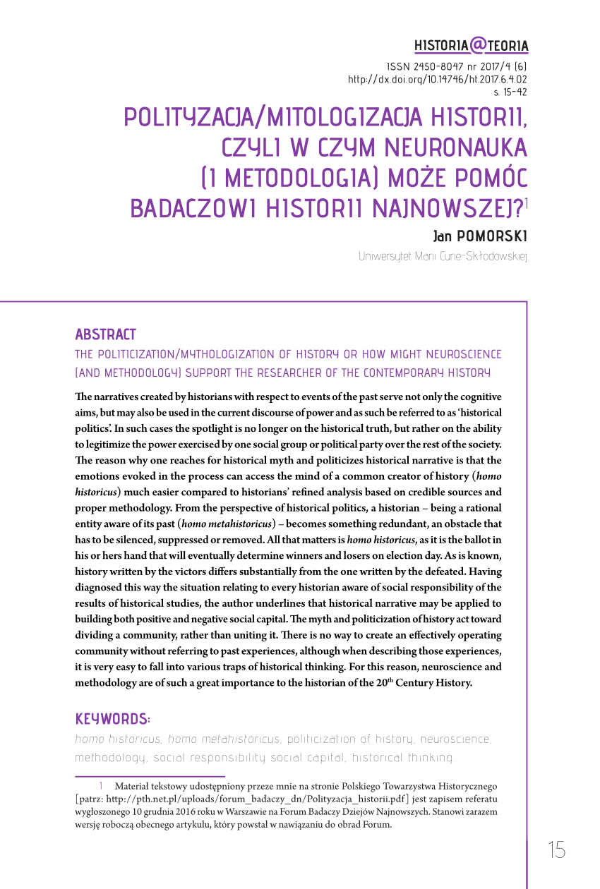 Pdf Polityzacjamitologizacja Historii Czyli W Czym Neuronauka I Metodologia MoŻe PomÓc 4587