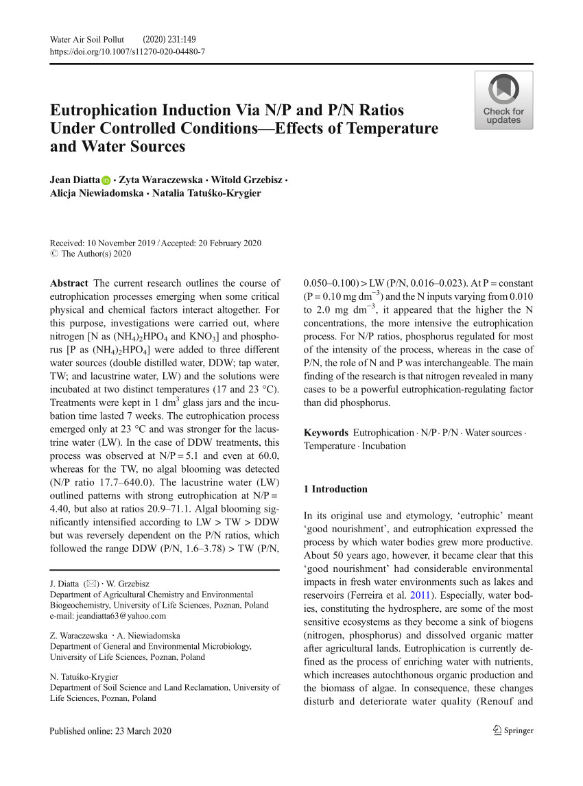 Pdf Eutrophication Induction Via N P And P N Ratios Under Controlled Conditions Effects Of Temperature And Water Sources