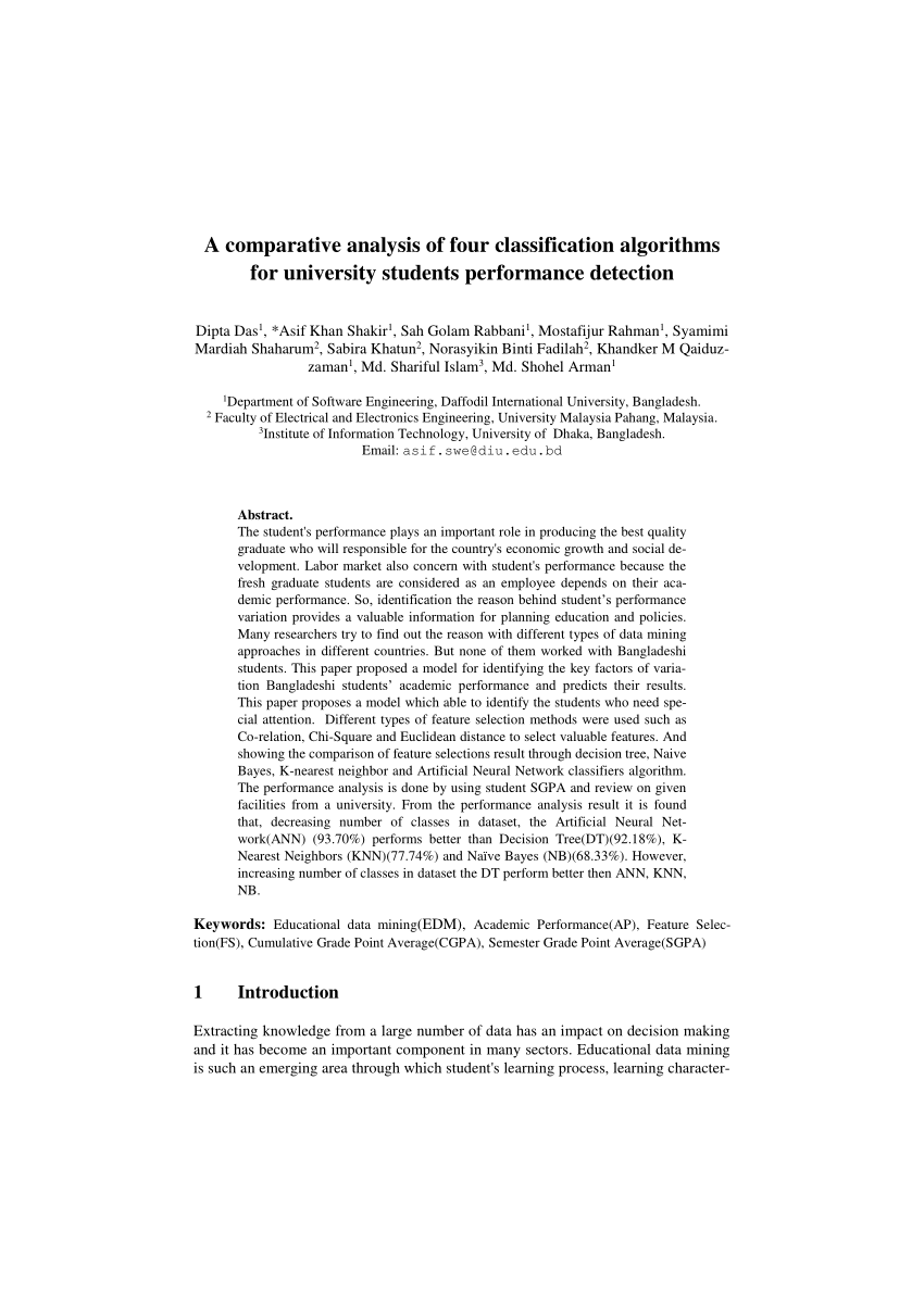 Pdf A Comparative Analysis Of Four Classification Algorithms For University Students Performance Detection