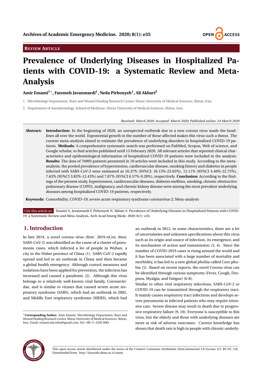 Pdf Prevalence Of Underlying Diseases In Hospitalized Patients With Covid 19 A Systematic Review And Meta Analysis