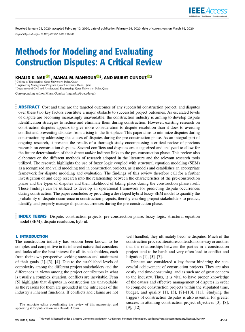 Pdf Methods For Modeling And Evaluating Construction Disputes A Critical Review