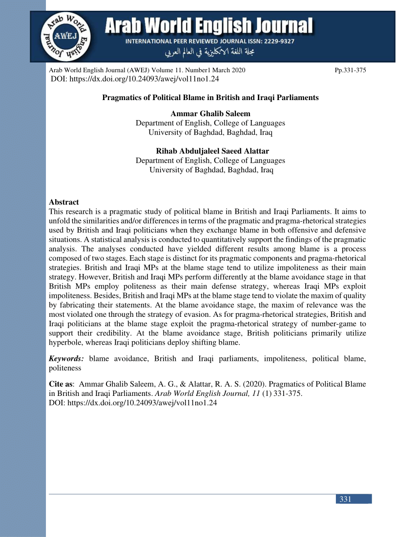 Pdf Pragmatics Of Political Blame In British And Iraqi Parliaments