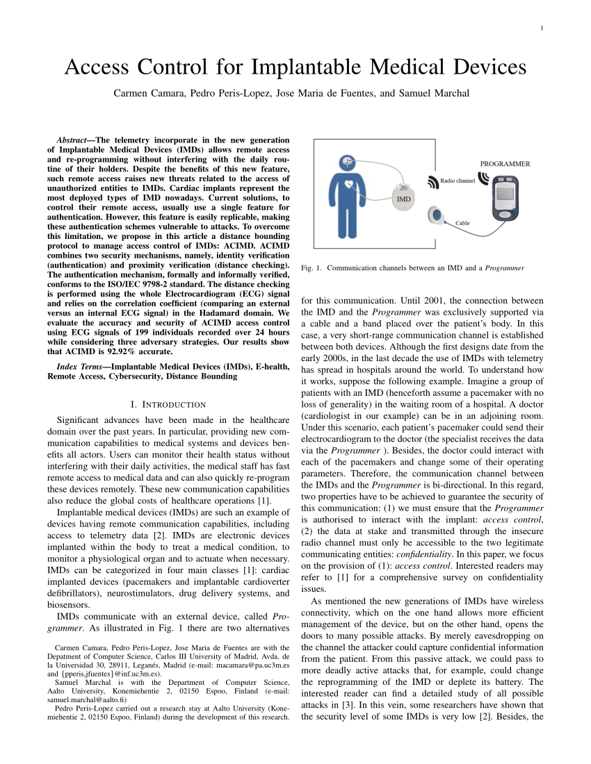 Pdf Access Control For Implantable Medical Devices