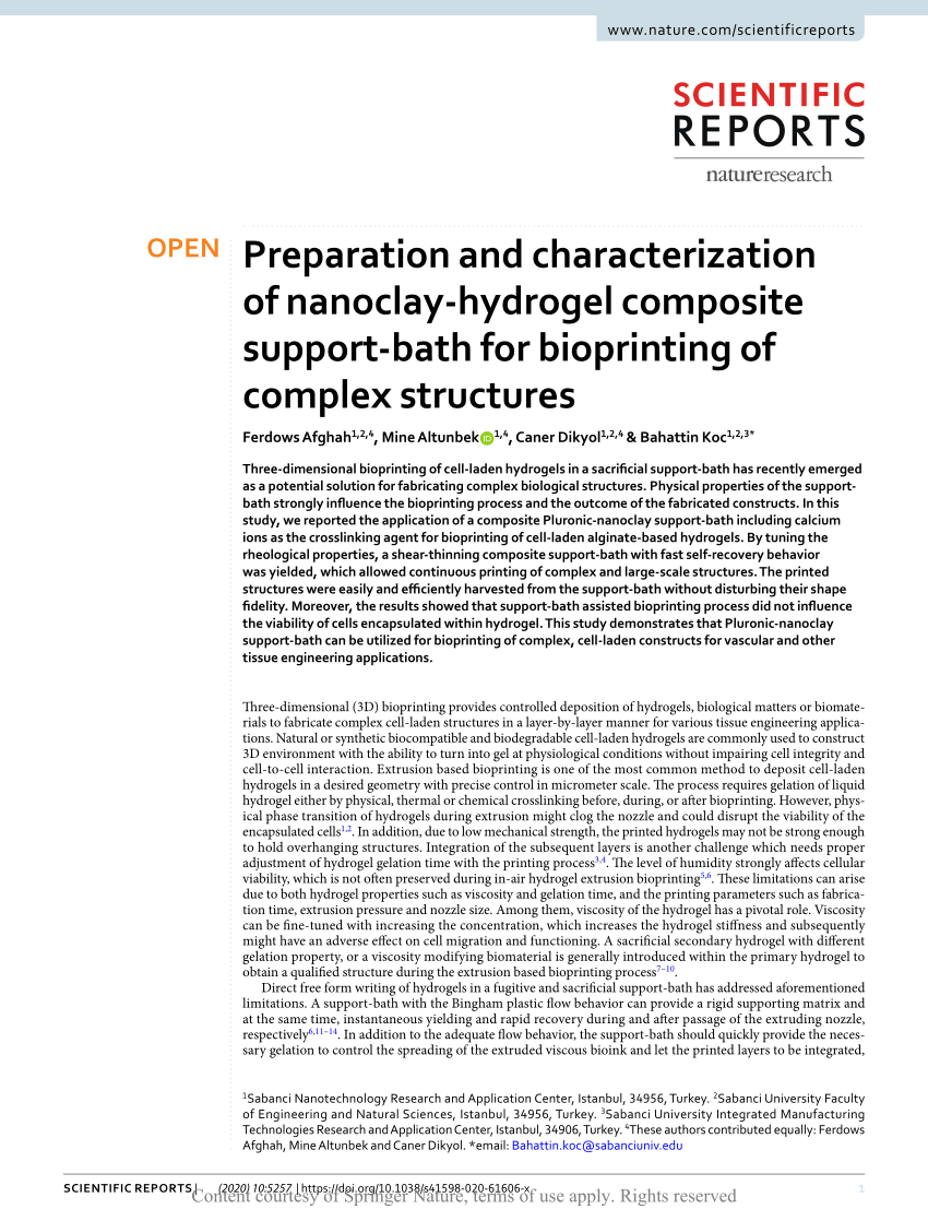 pdf preparation and characterization of nanoclay hydrogel composite support bath for bioprinting of complex structures
