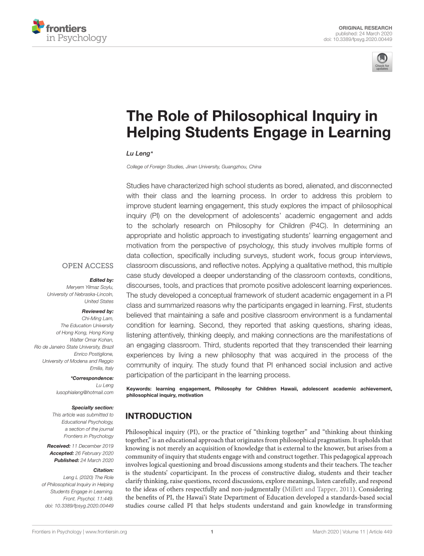 (PDF) The Role of Philosophical Inquiry in Helping Students Engage ...