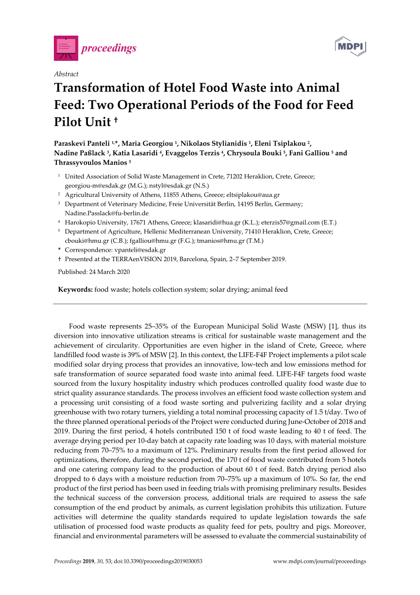 PDF) Transformation of Hotel Food Waste into Animal Feed: Two Operational  Periods of the Food for Feed Pilot Unit