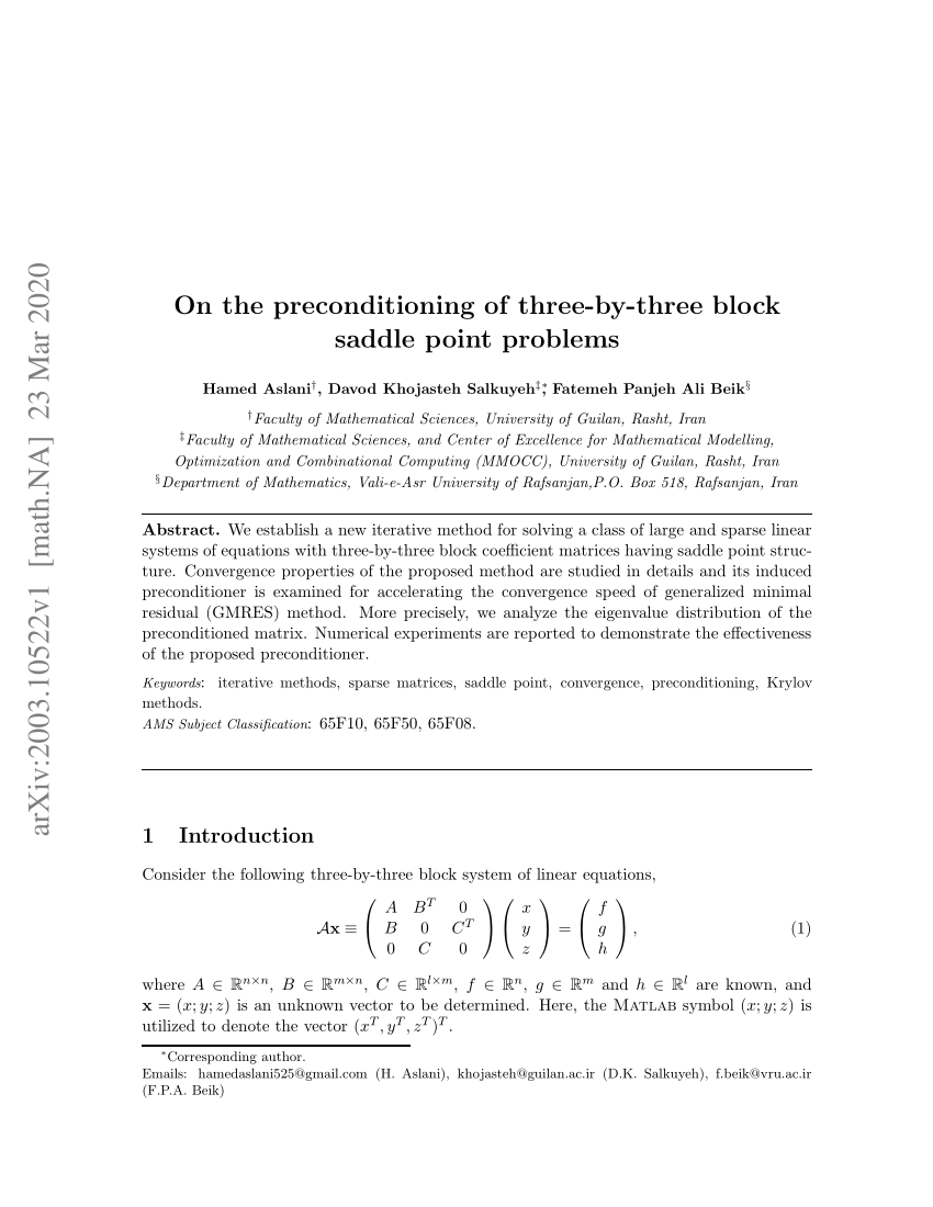 Pdf On The Preconditioning Of Three By Three Block Saddle Point Problems
