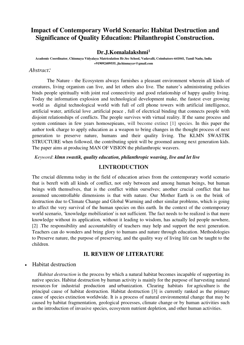 (PDF) Impact of Contemporary World Scenario: Habitat Destruction and