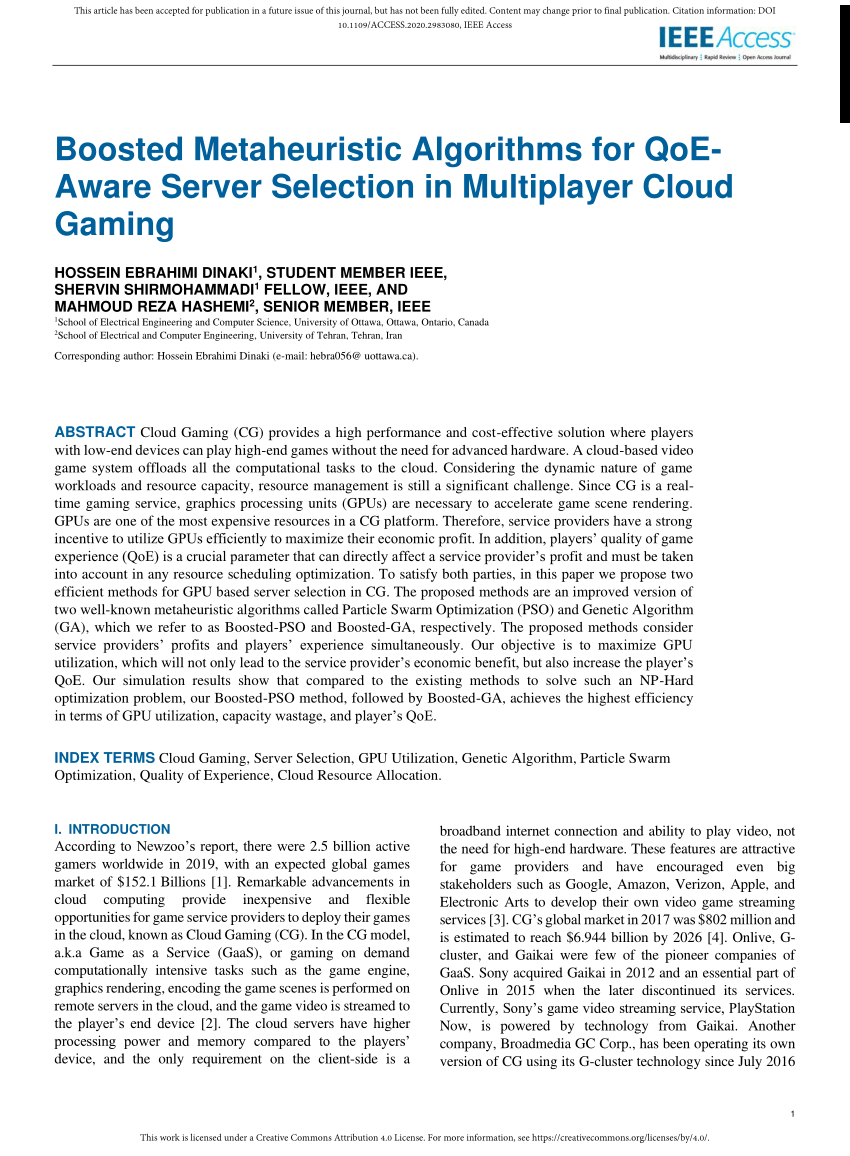 Pdf Boosted Metaheuristic Algorithms For Qoe Aware Server Selection In Multiplayer Cloud Gaming