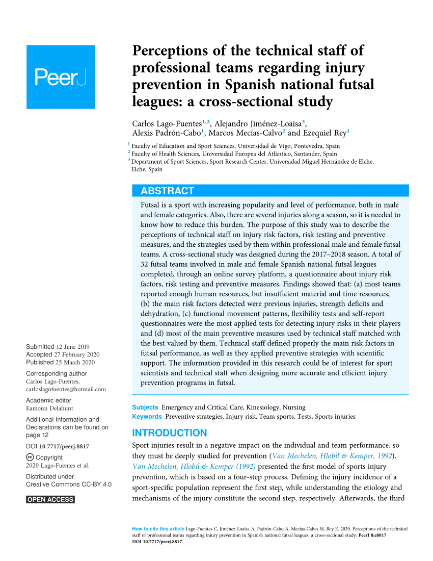 Pdf Perceptions Of The Technical Staff Of Professional Teams Regarding Injury Prevention In Spanish National Futsal Leagues A Cross Sectional Study