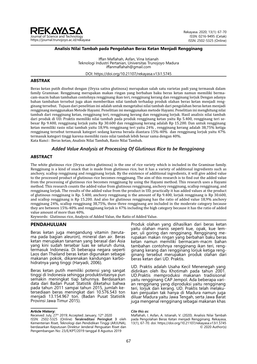 Pdf Analisis Nilai Tambah Pada Pengolahan Beras Ketan Menjadi Rengginang