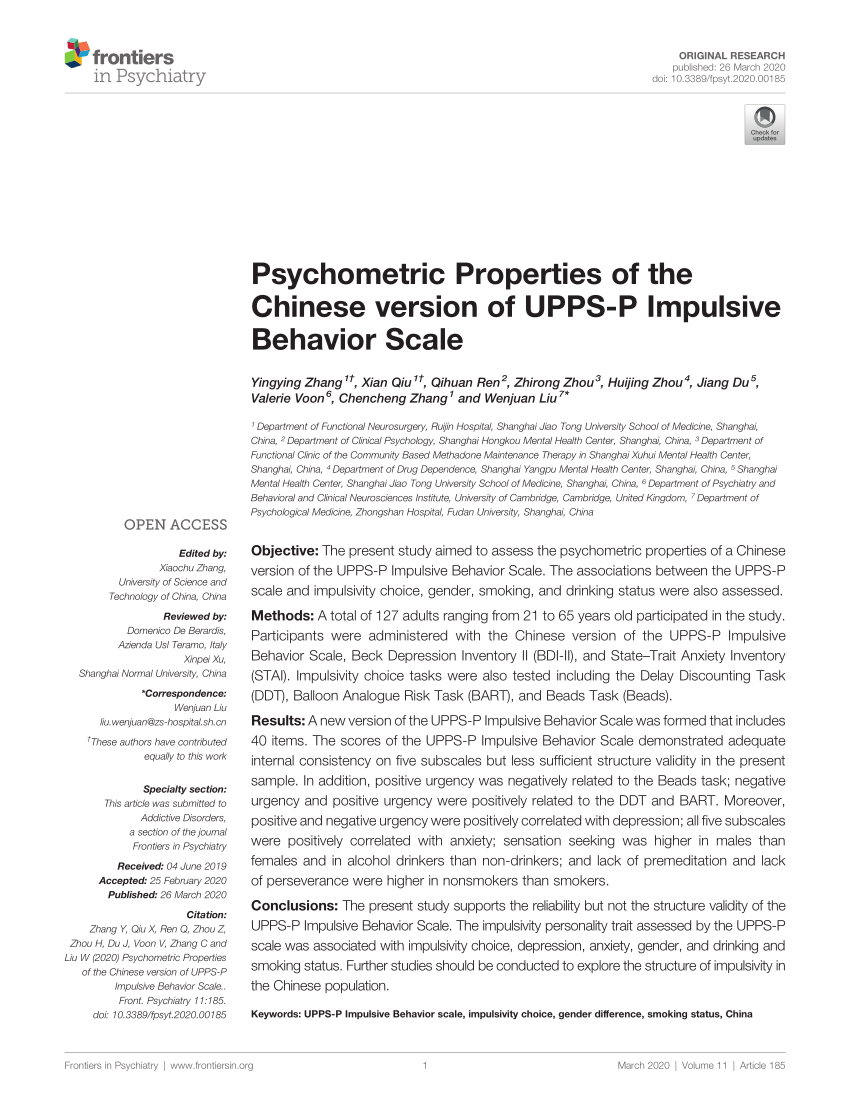 PDF) Psychometric Properties of the Chinese version of UPPS-P 